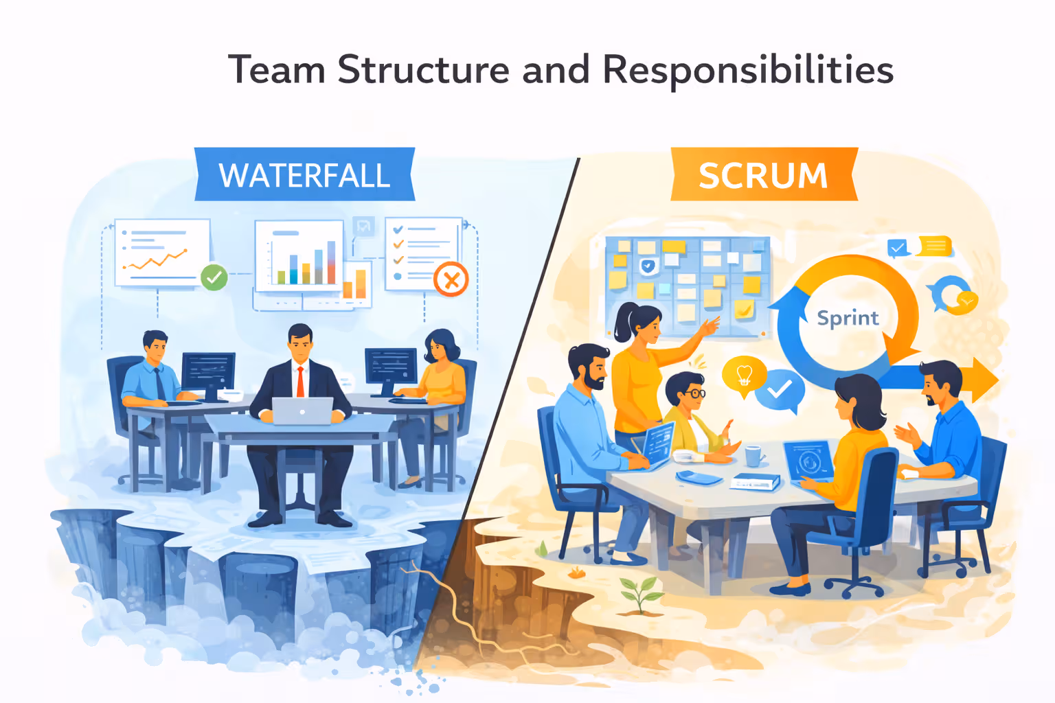 Illustration comparing team structure and responsibilities in Waterfall and Scrum, highlighting hierarchical roles versus cross-functional, collaborative teams.
